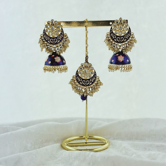 Tikka & Earring Set in navy.  High quality beads, pearls and stone work.   Latest 2023 fashion for weddings, parties and special occasions 