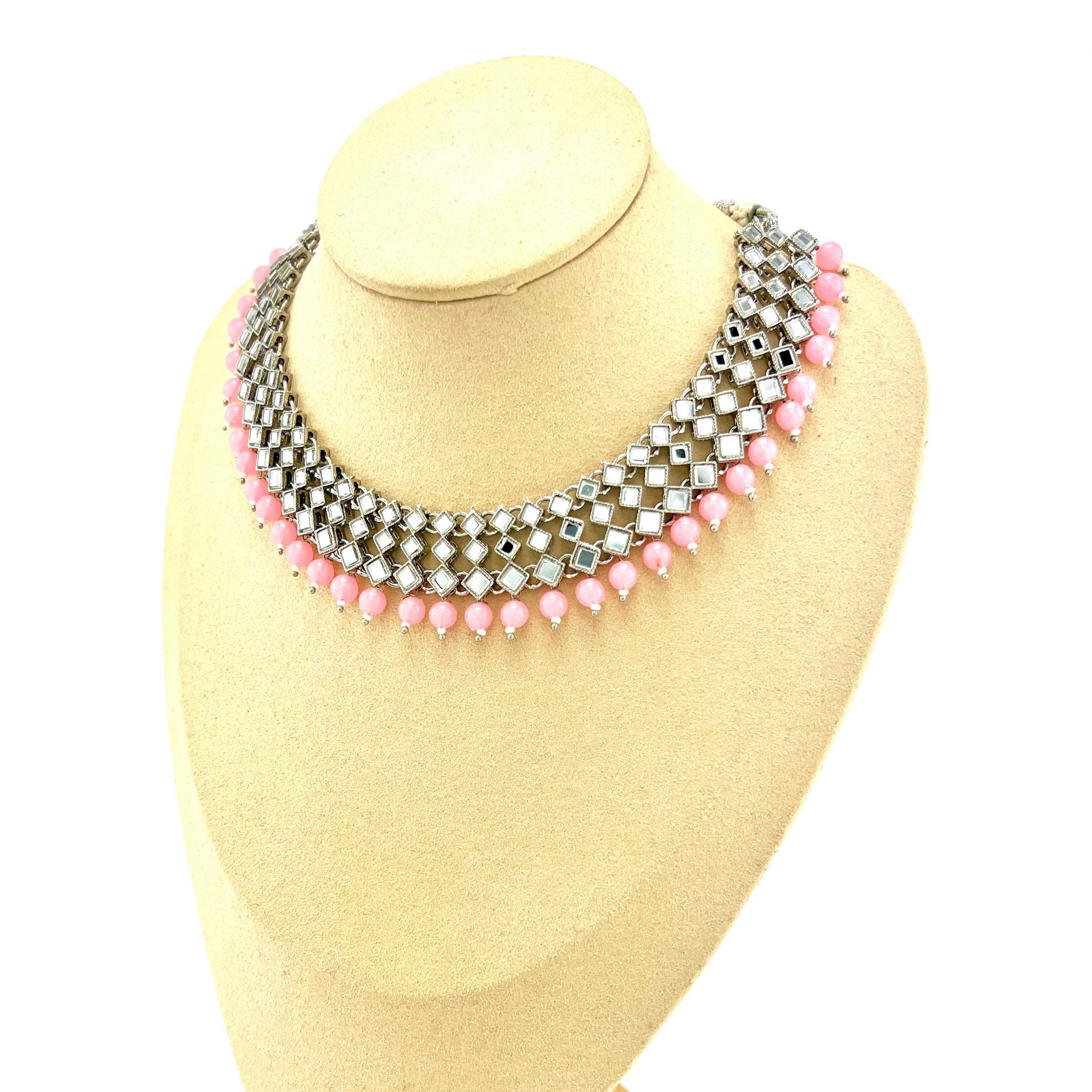 ﻿Mirror necklace set with baby pink beads.  Set includes, necklace, tikka and earrings.  Prefect for Indian weddings, parties and special occasions.  Latest 2022 fashion. High end Indian fashion jewellery with top quality stones and beads.