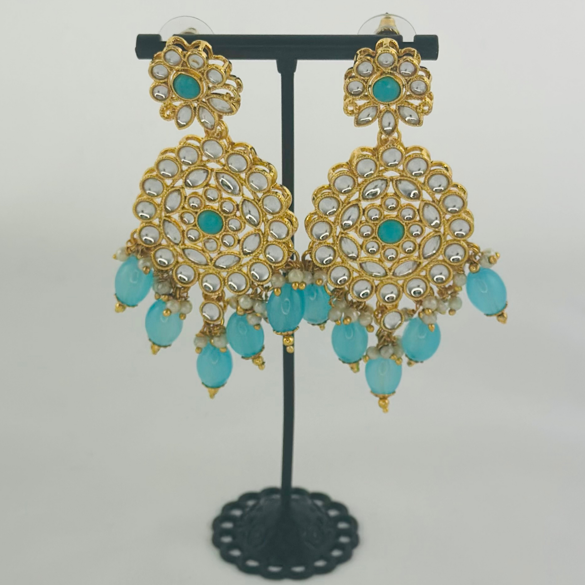 Necklace set with turquoise stones and beads.  Set includes necklace, tikka & earrings.  Prefect for Indian weddings, parties and special occasions.   Latest 2023 fashion. High end Indian fashion jewellery with top quality stones and beads.