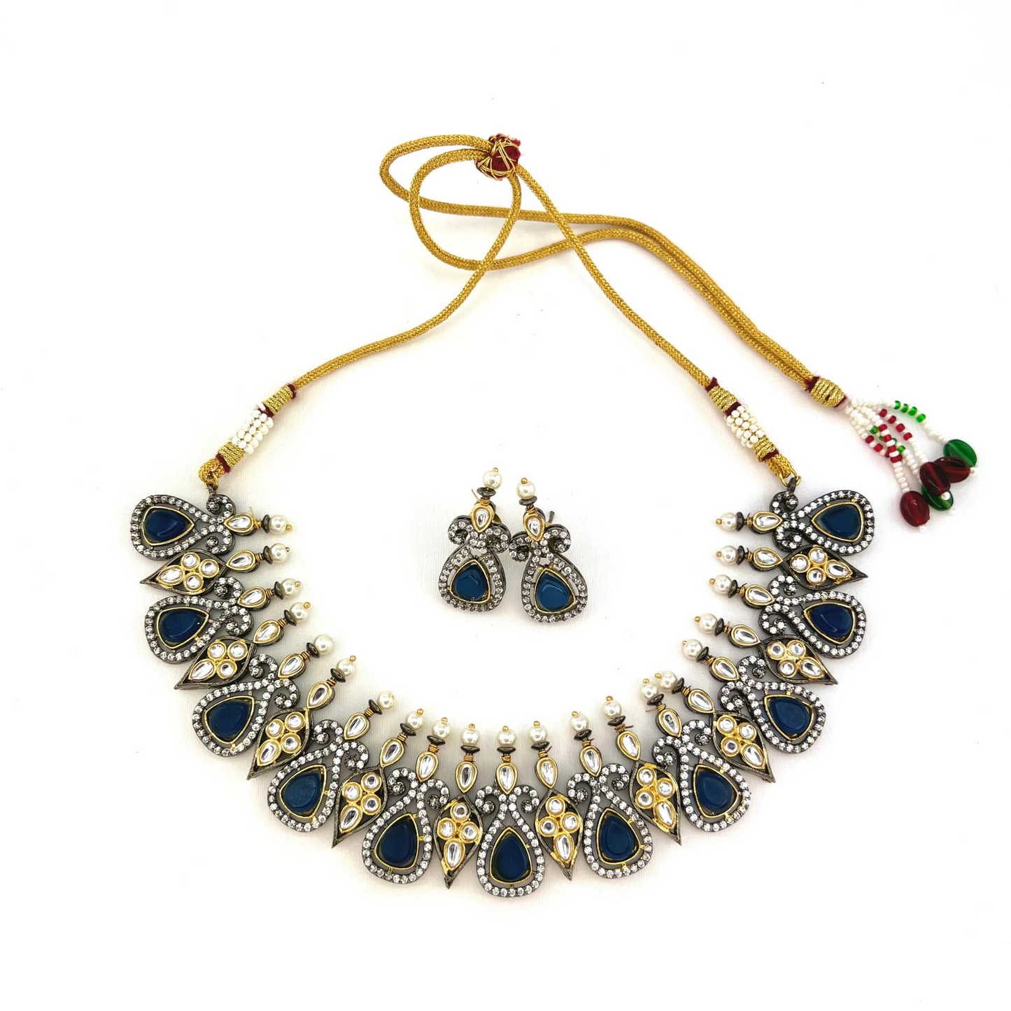 Necklace set with navy blue and clear stone work.  Set includes necklace and earrings.  Prefect for Indian weddings, parties and special occasions.  Latest 2022 fashion. High end Indian fashion jewellery with top quality stones and beads.