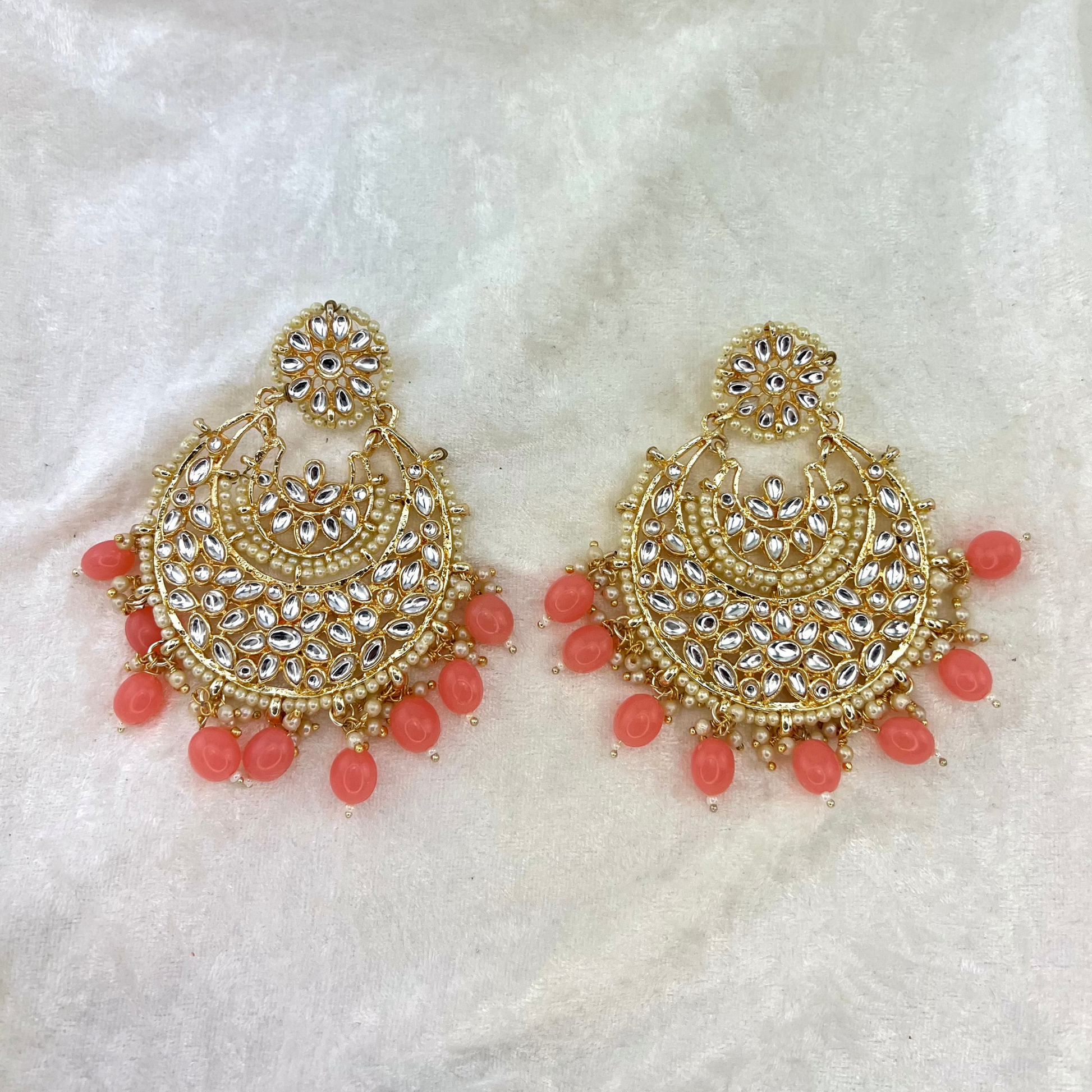 Indian wedding jewellery - large earrinfs with high quality stones and beads in Baby Pink