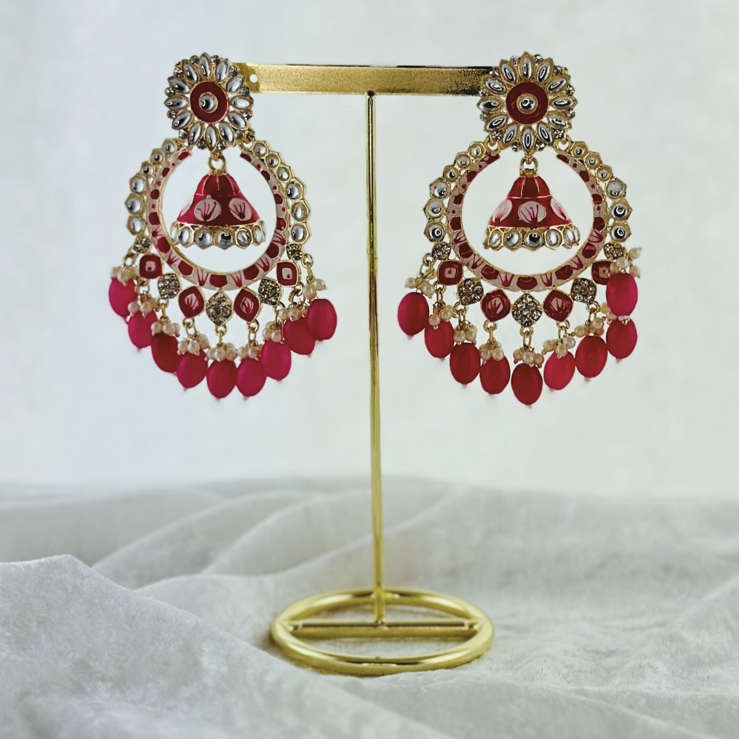 High quality hand painted hot pink earrings with beads.  Latest 2023 fashion, prefect for Indian weddings, parties & special occasions.