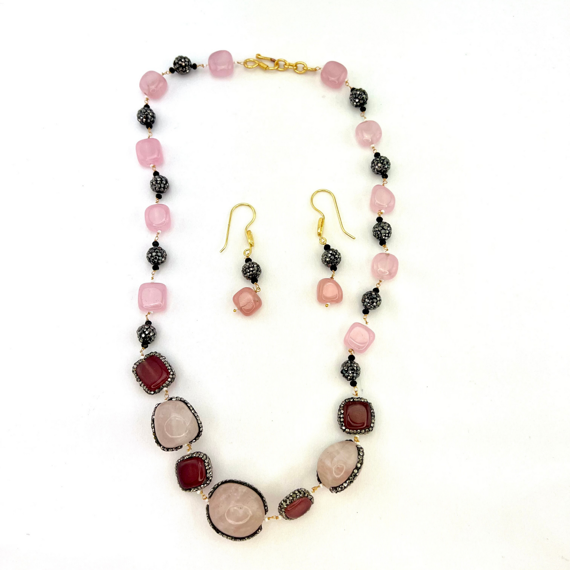 Long necklace set with large stones and beads.  Set includes necklace & earrings.  Prefect for Indian parties, weddings and special occasions.   Latest 2022 fashion.