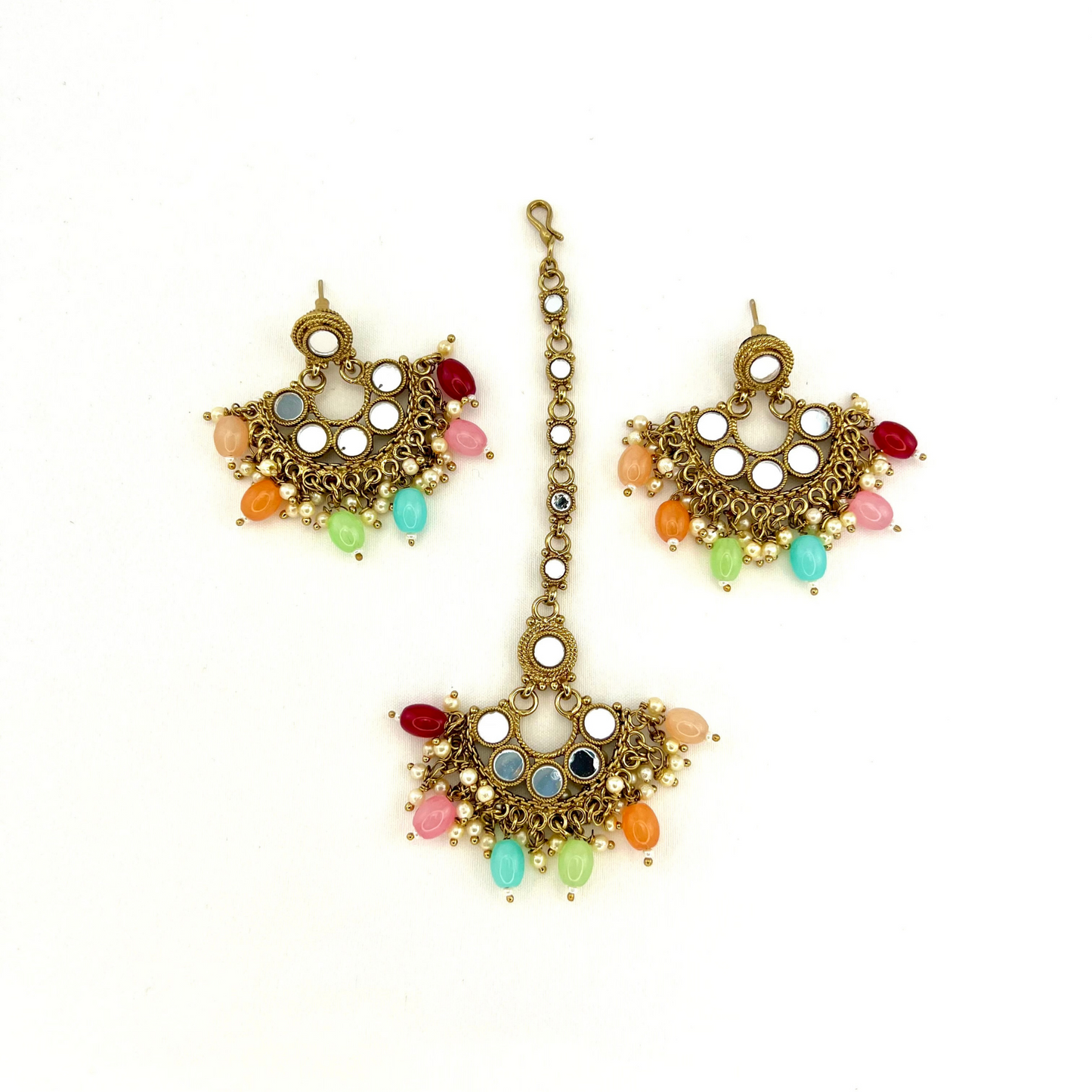 Mirror necklace set with multi colour beads and small pearls.  Set includes necklace, tikka and earrings.  Prefect for Indian parties, weddings and special occasions.   Latest 2022 fashion 