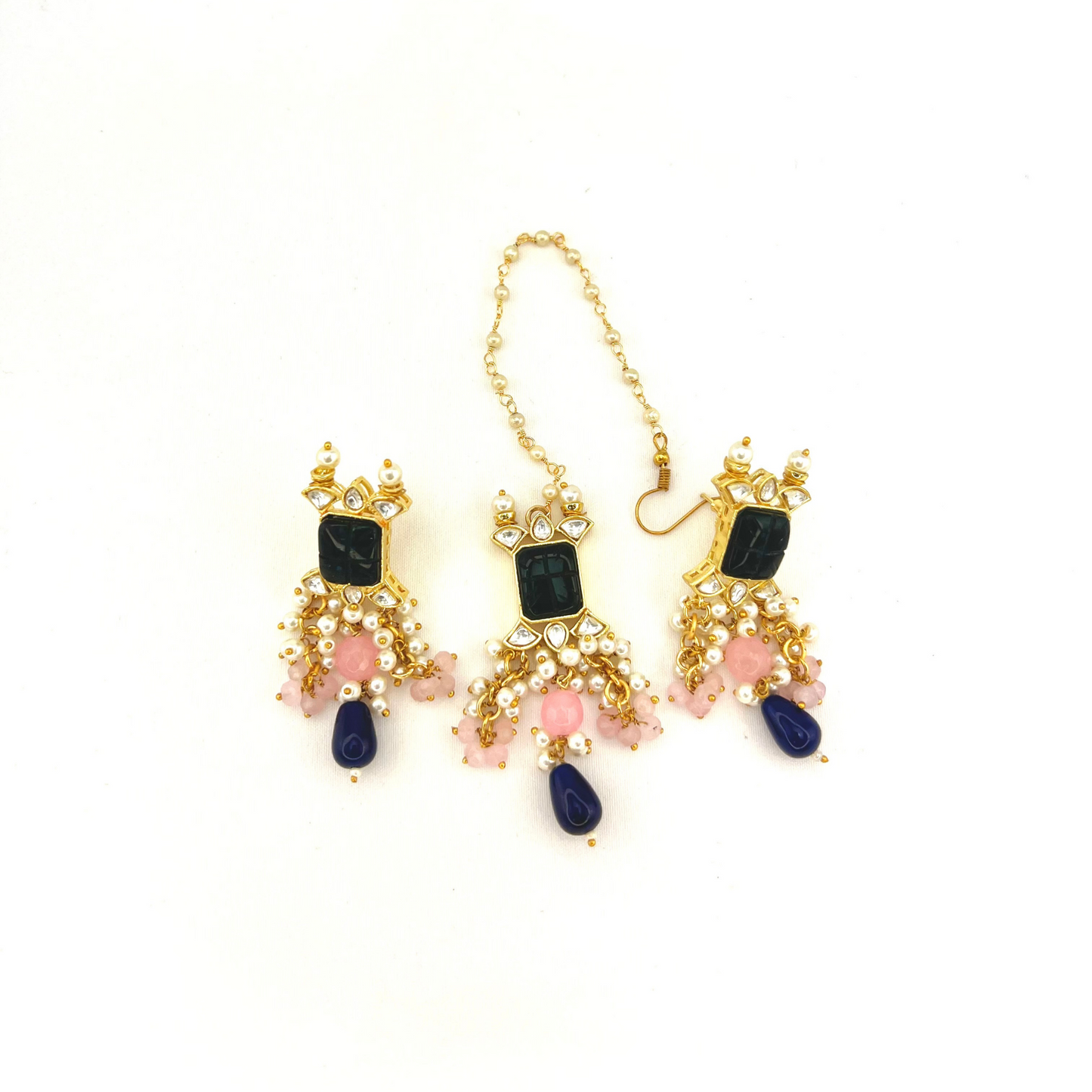 Choker set with with navy blue, clear stones and pink, navy blue beads,  Set includes choker, tikka and earrings.  Prefect for Indian weddings, parties and special occasions.  Latest 2022 fashion. High end Indian fashion jewellery with top quality stones and beads.