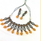 Kundan necklace set with peach and clear stone work.  Set includes necklace and earrings.  Prefect for Indian weddings, parties and special occasions.  Latest 2022 fashion. High end Indian fashion jewellery with top quality stones and beads.