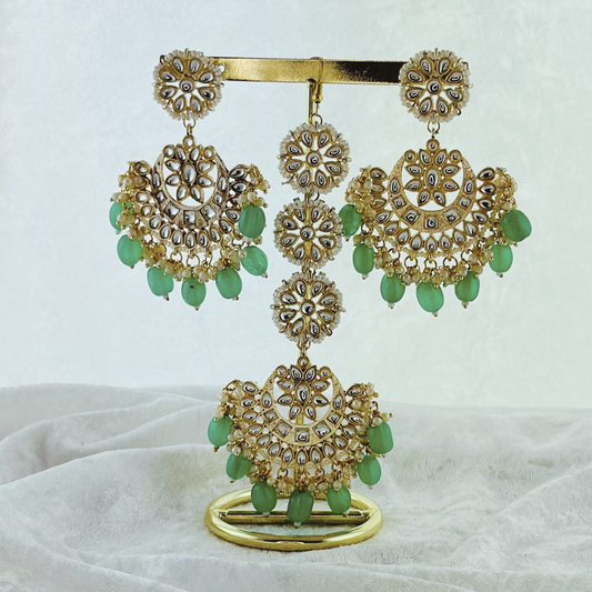 Tikka & earring set in green.  High quality beads, pearls and stone work.   Latest 2023 fashion for weddings, parties and special occasions 