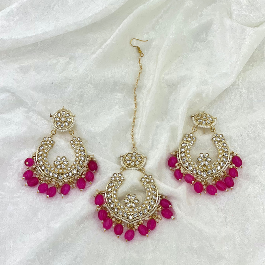 Tikka & Earring Set in hot pink with high quality beads, peals and stones