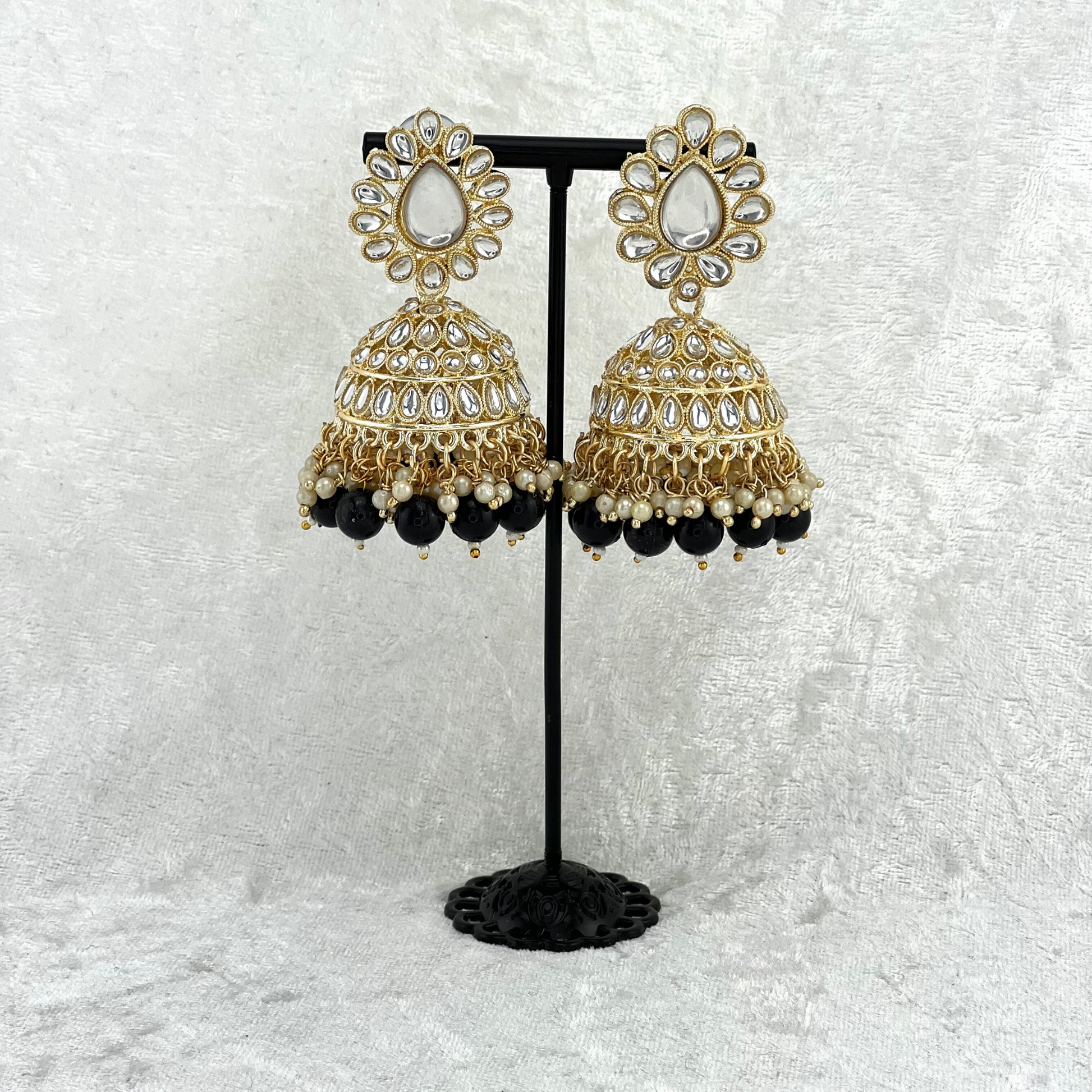 jhumka earrings in black with stones, pearls & beads, indian wedding jewellery prefect for weddings, parties and special occasions. 2022 fashion