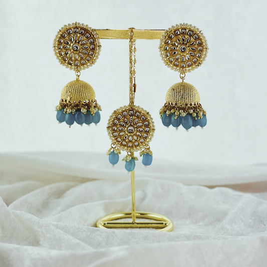 Tikka & earring set in blue.  High quality beads, pearls and stone work.   Latest 2023 fashion for weddings, parties and special occasions 