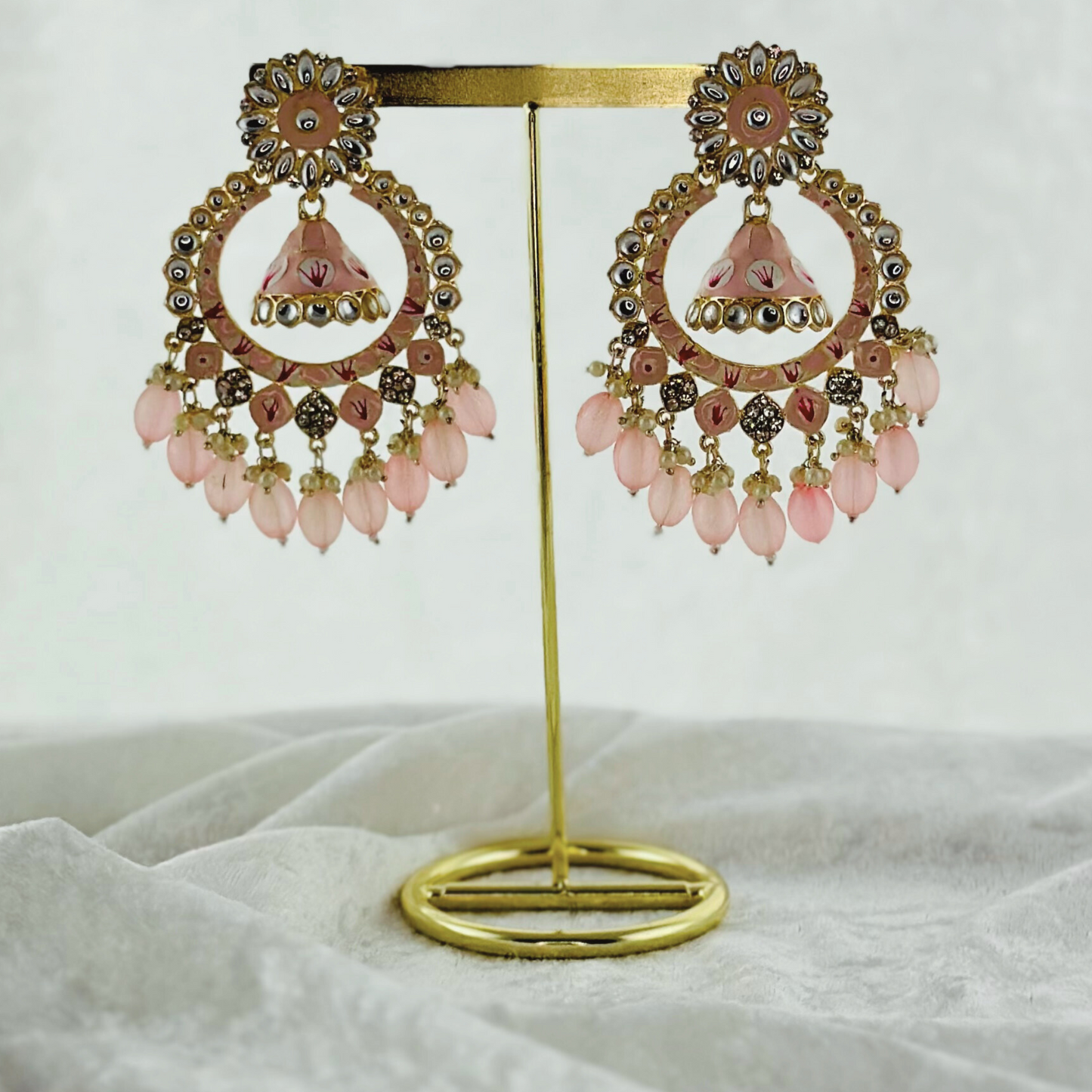 High quality hand painted baby pink earrings with beads.  Latest 2023 fashion, prefect for Indian weddings, parties & special occasions.