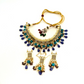 Choker set with with grey, clear stones and blue, purple beads,  Set includes choker, tikka and earrings.  Prefect for Indian weddings, parties and special occasions.  Latest 2022 fashion. High end Indian fashion jewellery with top quality stones and beads.