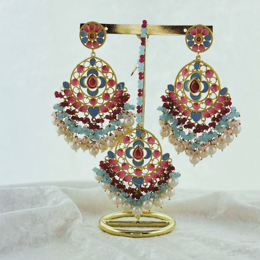 Tikka & earring set in pink, blue & hot pink. High quality beads, pearls and stone work.   Latest 2023 fashion for weddings, parties and special occasions 