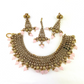 Necklace set with pink  beads and gold stone work.  Set includes necklace, tikka and earrings.  Prefect for Indian weddings, parties and special occasions.   Latest 2022 fashion. High end Indian fashion jewellery with top quality stones and beads.