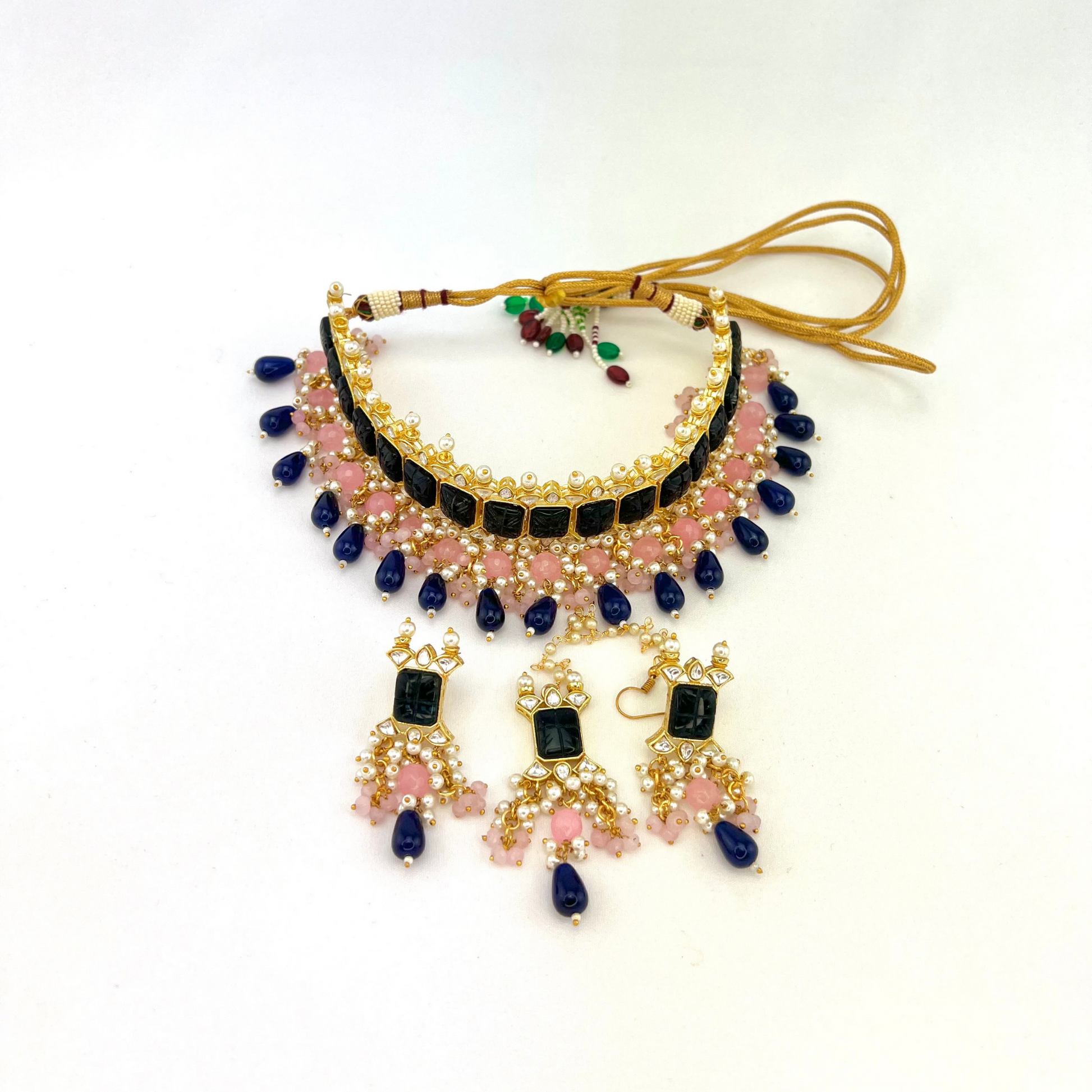 Choker set with with navy blue, clear stones and pink, navy blue beads,  Set includes choker, tikka and earrings.  Prefect for Indian weddings, parties and special occasions.  Latest 2022 fashion. High end Indian fashion jewellery with top quality stones and beads.