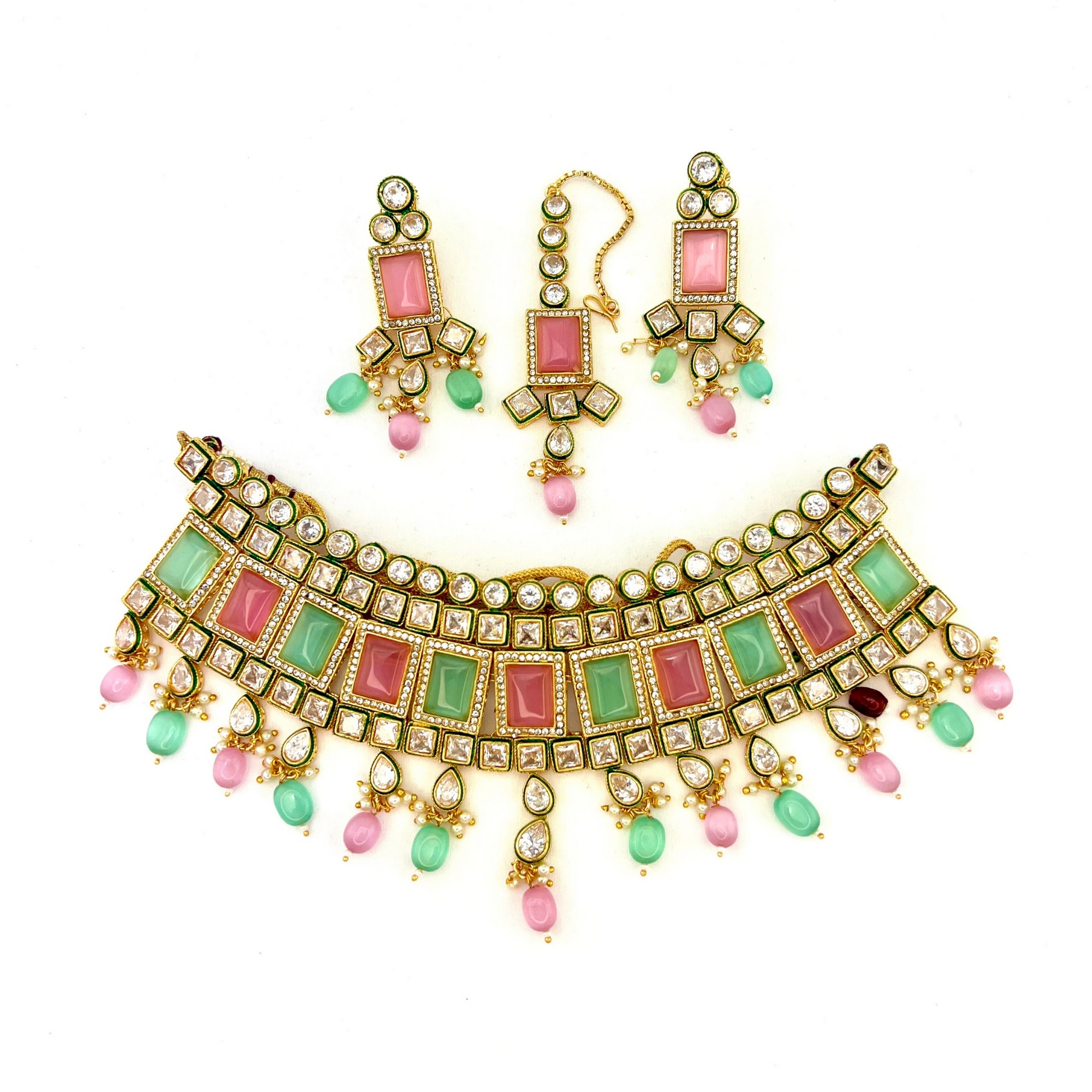 Necklace set with green, pink and clear stones and green and pink beads.  Set includes necklace, tikka and earrings.  Prefect for Indian weddings, parties and special occasions.   Latest 2022 fashion. High end Indian fashion jewellery with top quality stones and beads.