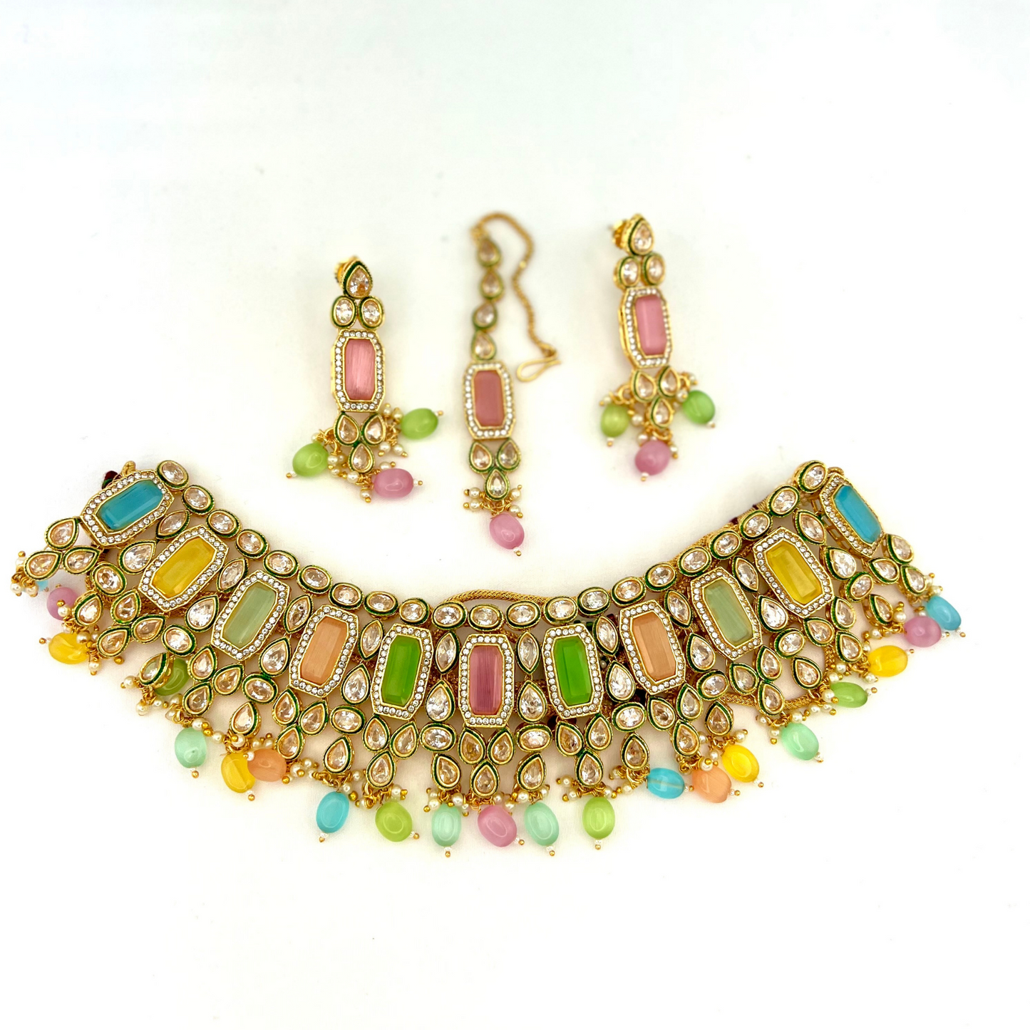 Necklace set with multi colour beads and stones.  Set includes necklace, tikka and earrings.  Prefect for Indian weddings, parties and special occasions.  Latest 2022 fashion. High end Indian fashion jewellery with top quality stones and beads.