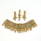 Necklace set with green, pink and clear stones and green and pink beads.  Set includes necklace, tikka and earrings.  Prefect for Indian weddings, parties and special occasions.   Latest 2022 fashion. High end Indian fashion jewellery with top quality stones and beads.