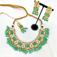 Necklace set with turquoise beads, clear and turquoise stones.  Set includes necklace, tikka & earrings.  Prefect for Indian weddings, parties and special occasions.   Latest 2022 fashion. High end Indian fashion jewellery with top quality stones and beads.