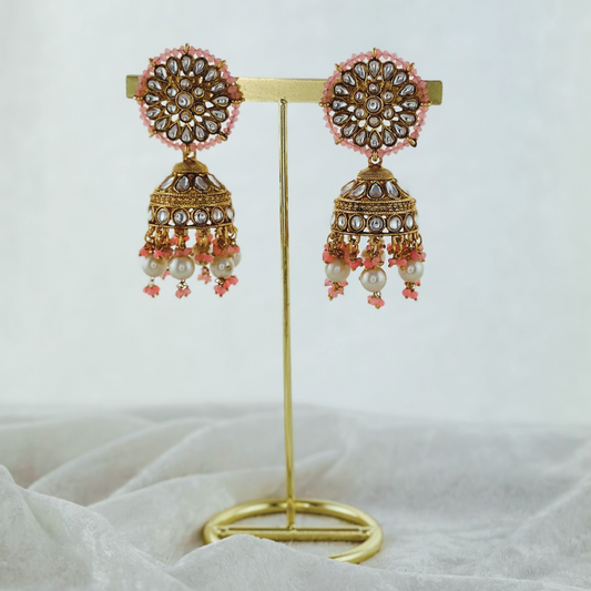 High quality baby pink jhumka earrings with beads.  Latest 2023 fashion, prefect for Indian weddings, parties & special occasions