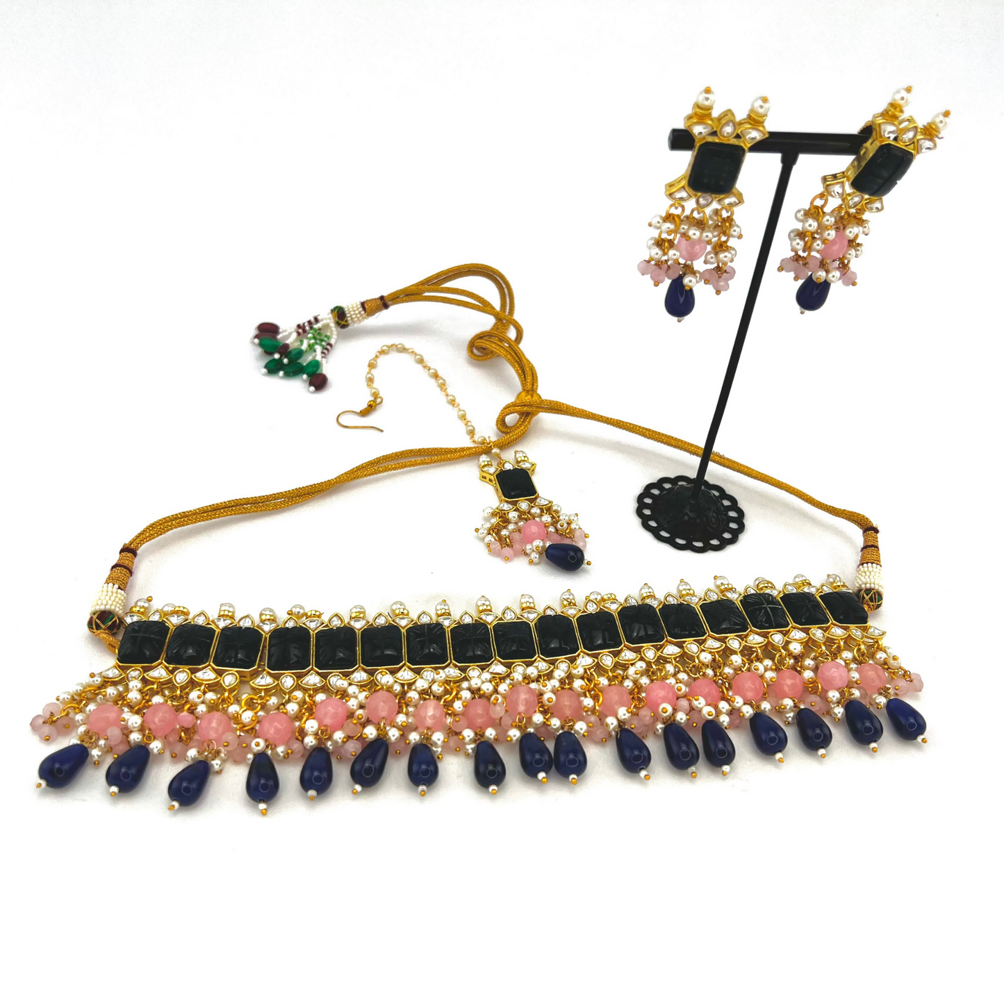 Choker set with with navy blue, clear stones and pink, navy blue beads,  Set includes choker, tikka and earrings.  Prefect for Indian weddings, parties and special occasions.  Latest 2022 fashion. High end Indian fashion jewellery with top quality stones and beads.