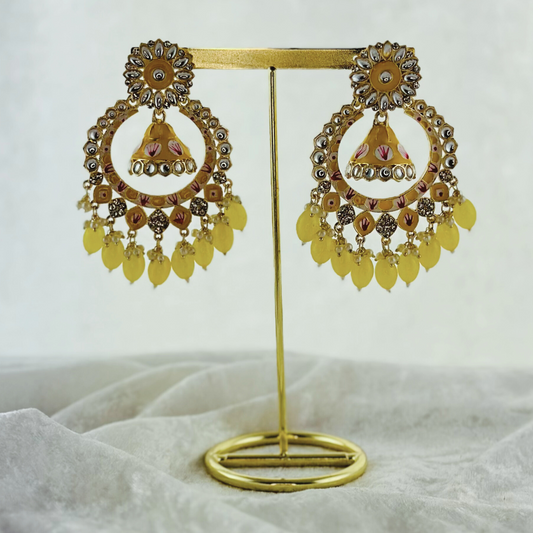 High quality hand painted yellow earrings with beads.  Latest 2023 fashion, prefect for Indian weddings, parties & special occasions.