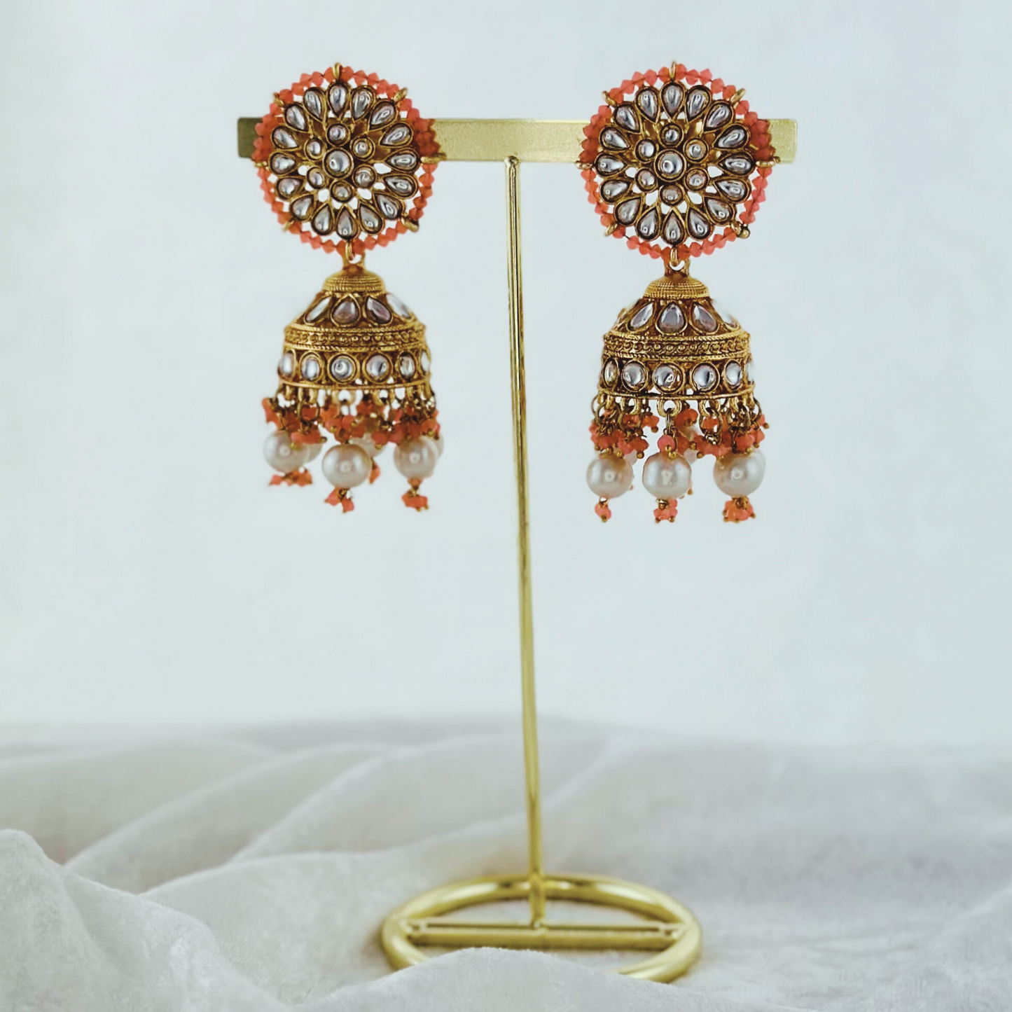 High quality peach jhumka earrings with beads.  Latest 2023 fashion, prefect for Indian weddings, parties & special occasions