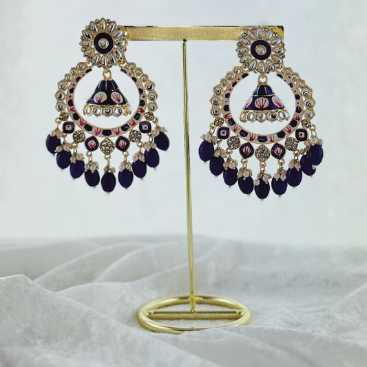 High quality hand painted navy earrings with beads.  Latest 2023 fashion, prefect for Indian weddings, parties & special occasions.