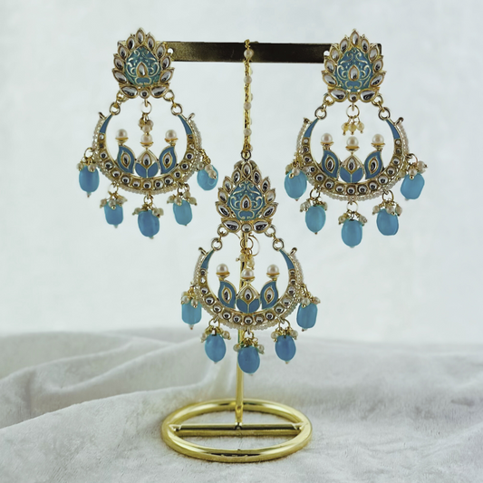 Tikka & Earring Set in blue.  High quality beads, pearls and stone work.   Latest 2023 fashion for weddings, parties and special occasions 