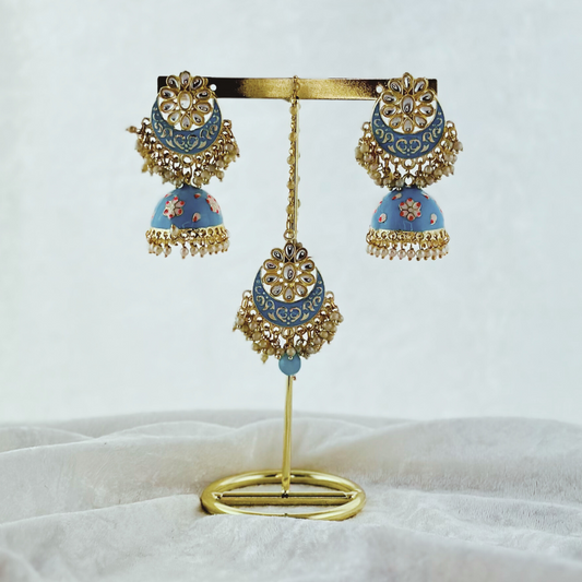 Tikka & Earring Set in blue.  High quality beads, pearls and stone work.   Latest 2023 fashion for weddings, parties and special occasions 