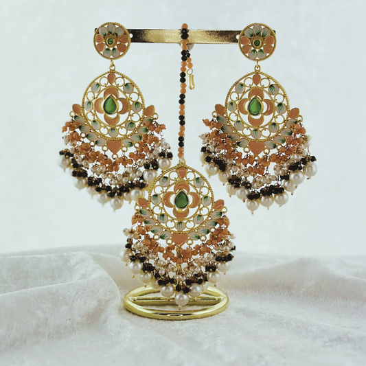 Tikka & earring set in peach & forest green High quality beads, pearls and stone work.   Latest 2023 fashion for weddings, parties and special occasions 