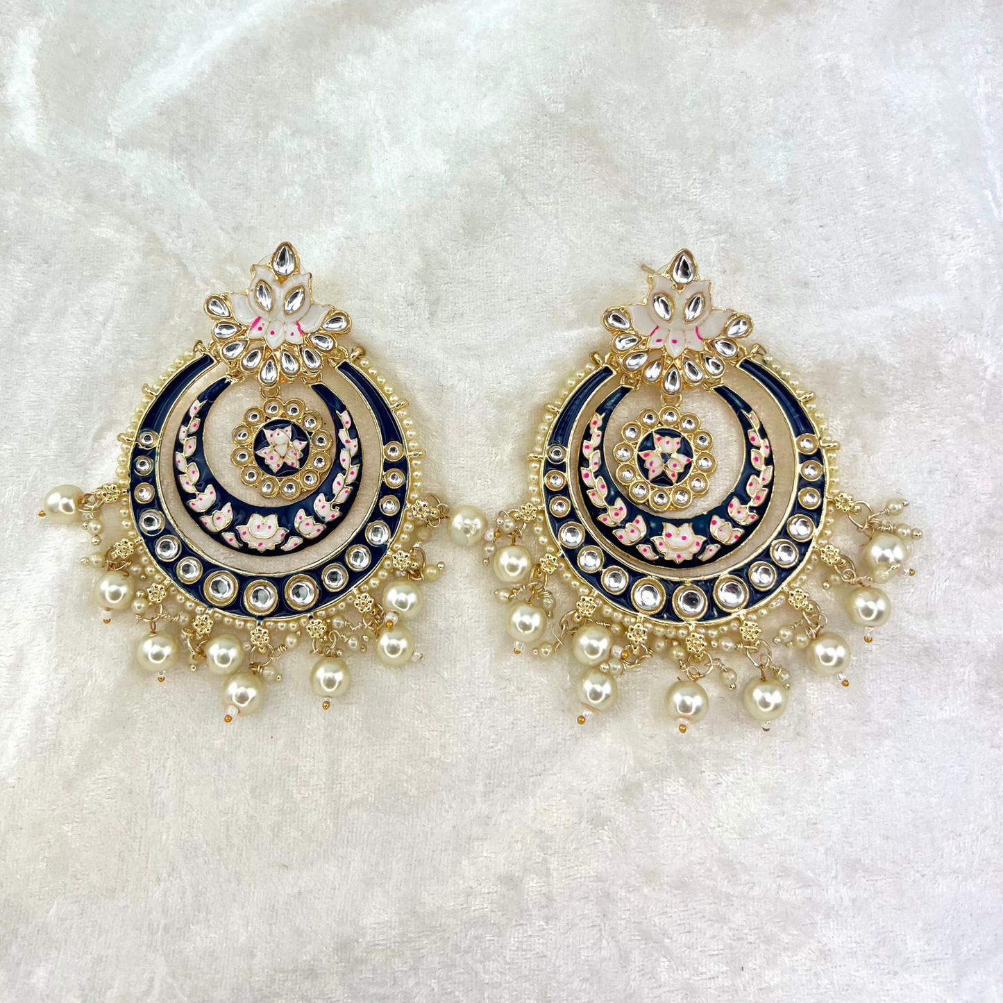 Large Indian Wedding Earrings in navy with pearls