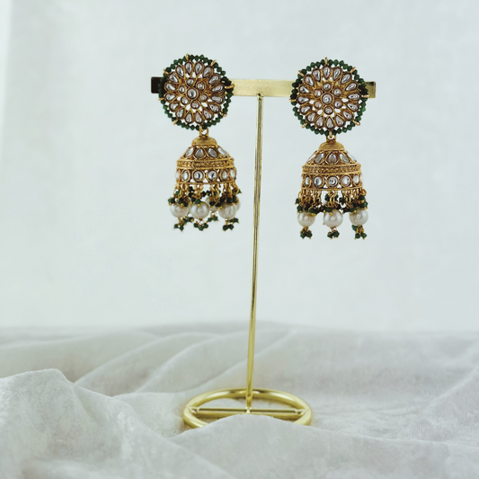 High quality forest green jhumka earrings with beads.  Latest 2023 fashion, prefect for Indian weddings, parties & special occasions.