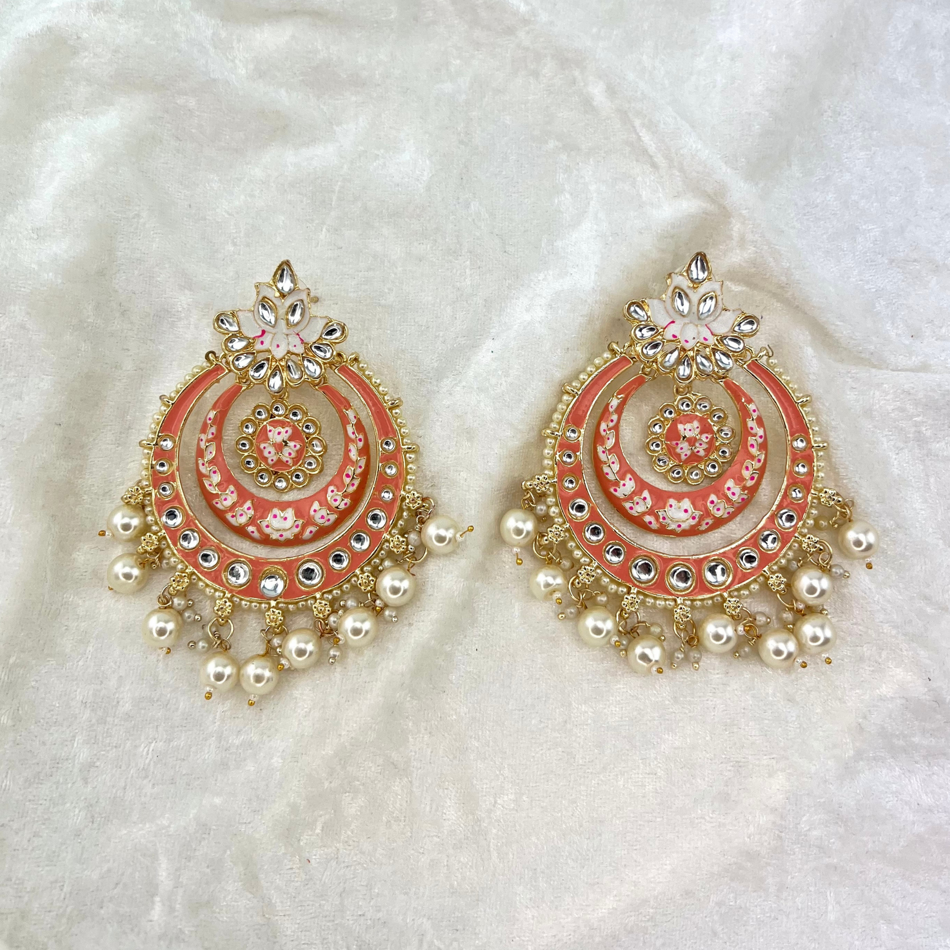 Large Indian Wedding Earrings in peach with pearls