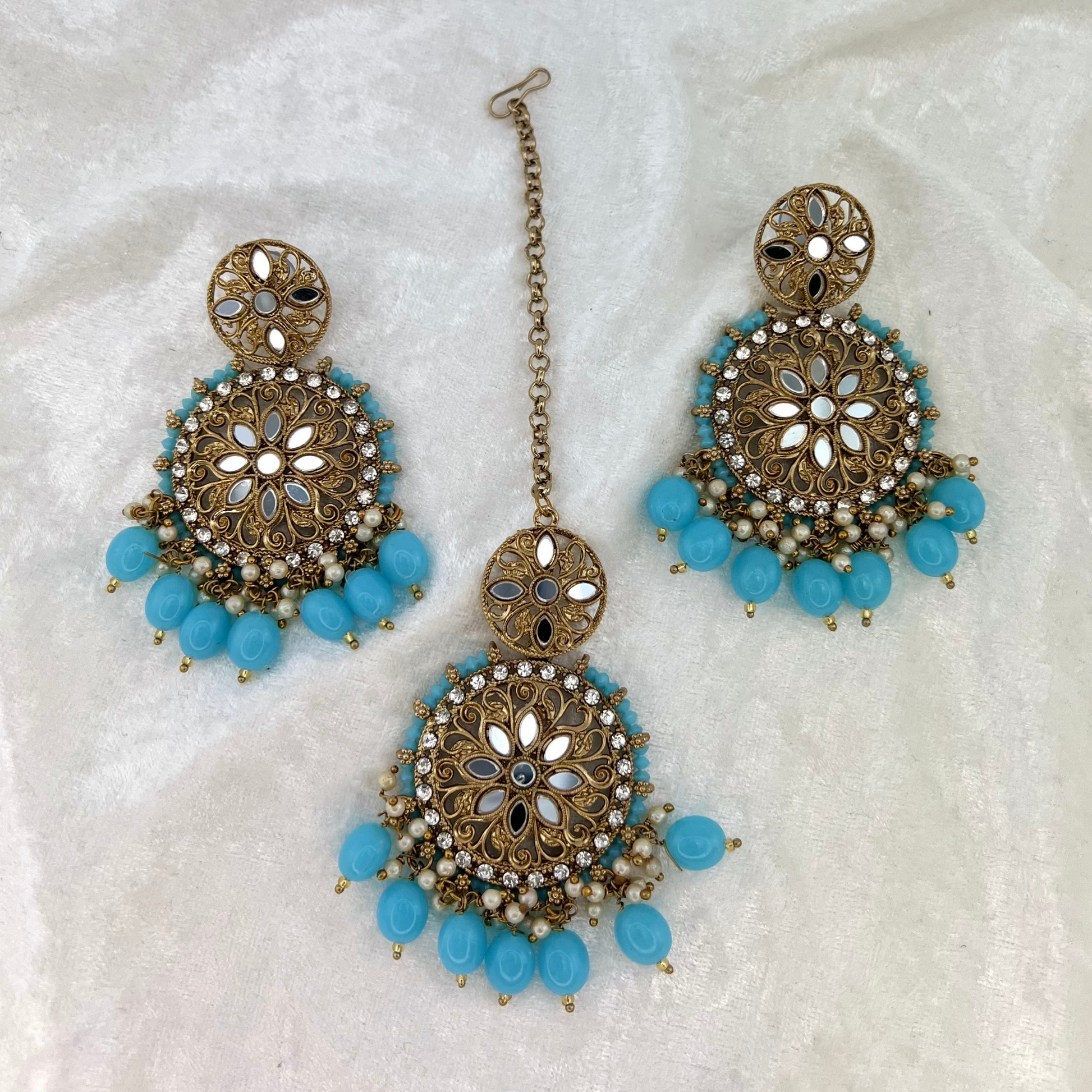Mirror Tikka & Earring Set in Baby Blue, high quality mirrors, stones and beads