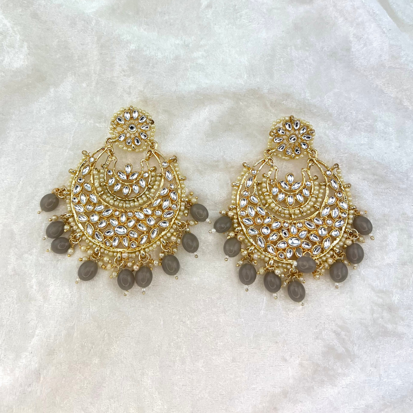Indian wedding jewellery - large earrinfs with high quality stones and beads in grey