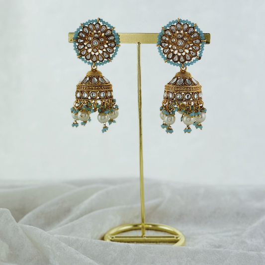 High quality baby blue jhumka earrings with beads.  Latest 2023 fashion, prefect for Indian weddings, parties & special occasions.