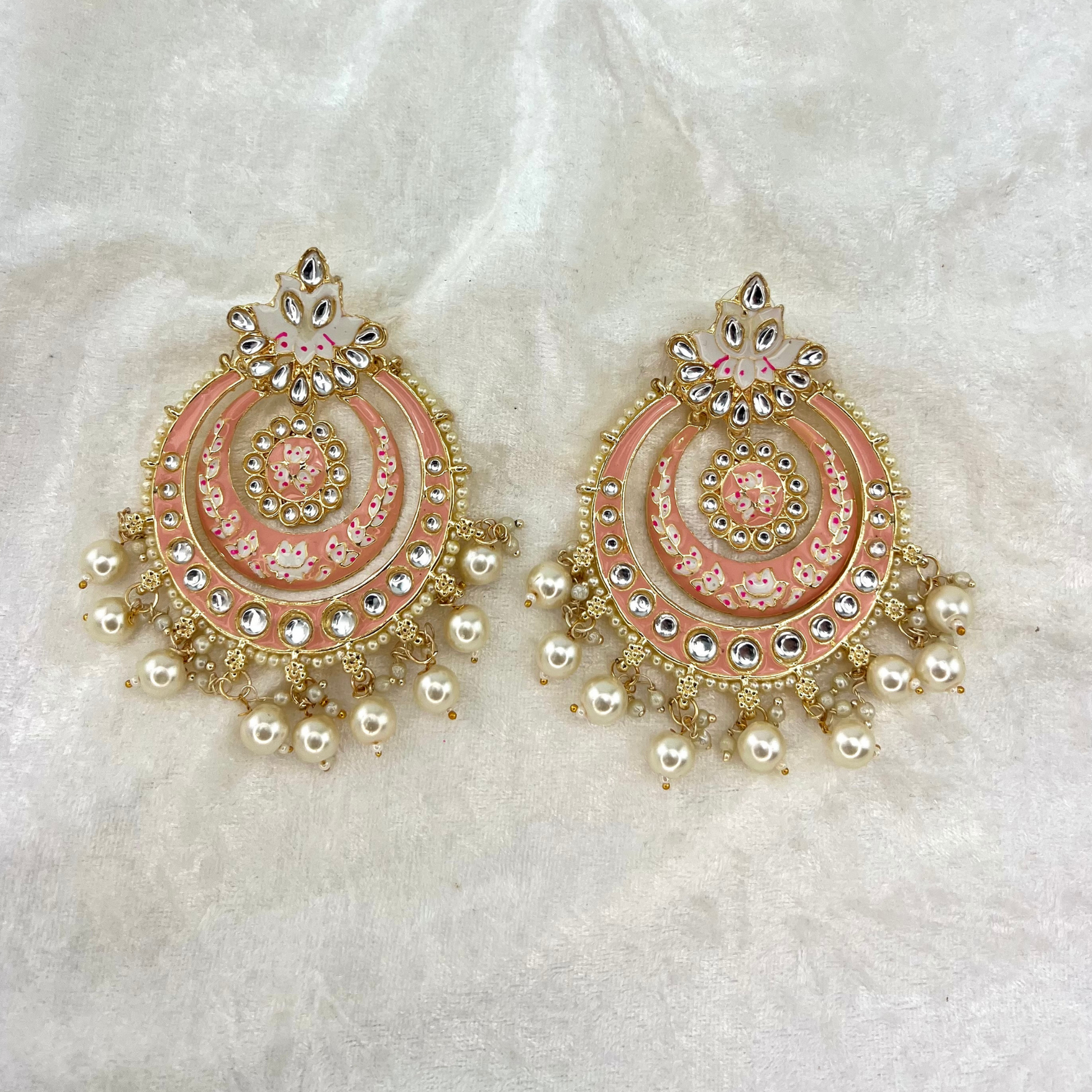 Large Indian Wedding Earrings in Baby Pink with pearls